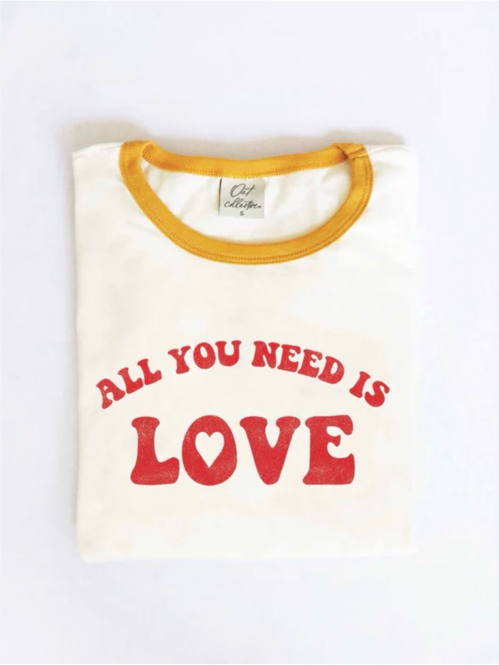 OAT COLLECTIVE All You Need Is Love Ringer Graphic T-Shirt with yellow trim